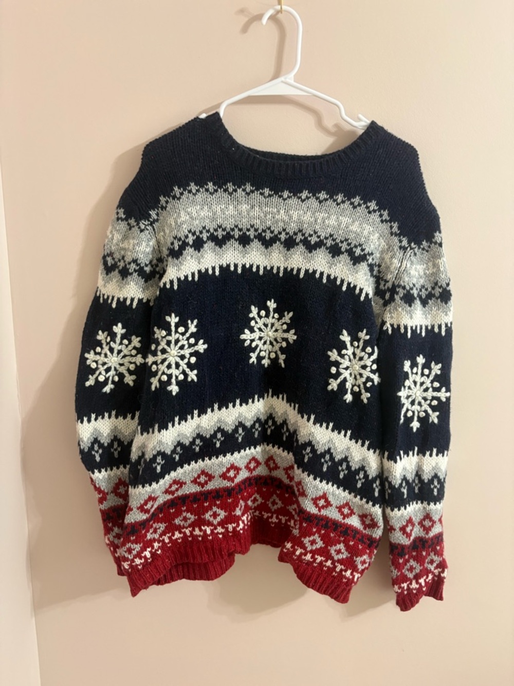 Basic Editions Navy, White & Red Snowflake Fair Isle Sweater